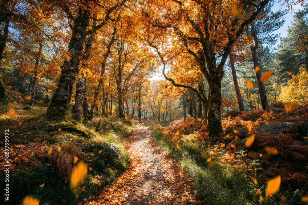 Obraz premium Sunny autumn day in a peaceful forest with vibrant orange and yellow leaves along a winding path