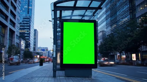A large green screen billboard on a city street at dusk with a glass canopy and urban buildings in the background.