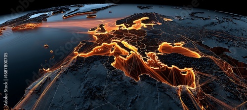 Europe africa middle east illuminated city lights night view earth map global connectivity network