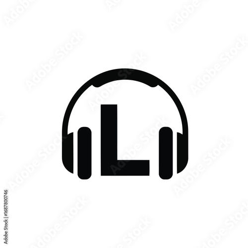 Black and white logo featuring headphones with the letter L in the center, representing audio.