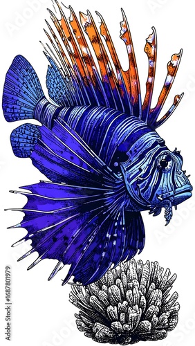Detailed illustration of a lionfish with coral