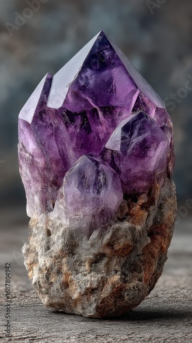 Beautiful purple amethyst crystal cluster resting on a neutral surface under soft lighting