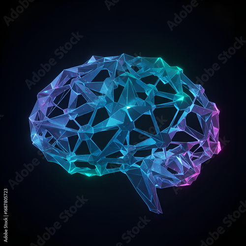 Futuristic Polygonal Brain Network with Glowing Neural Connections on Black Background