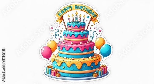 Colorful multi tiered birthday cake with candles and balloons