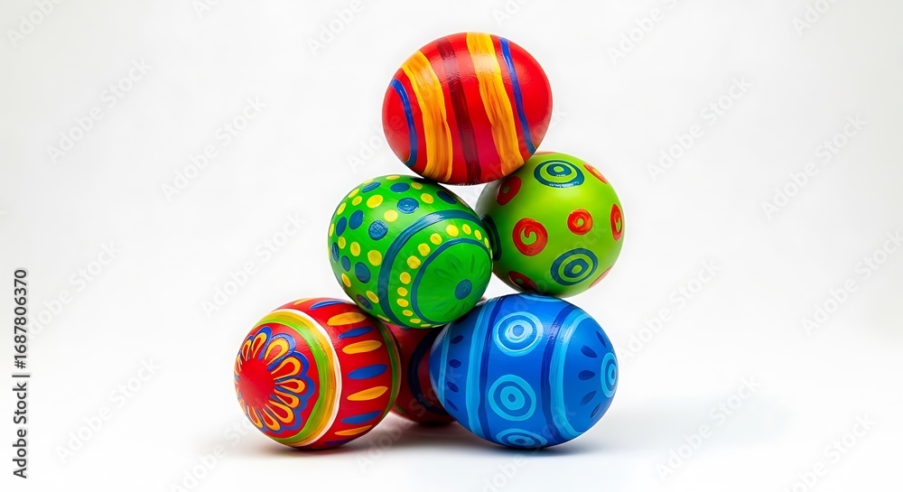 Obraz premium Stack of colorful hand painted easter eggs on a white background