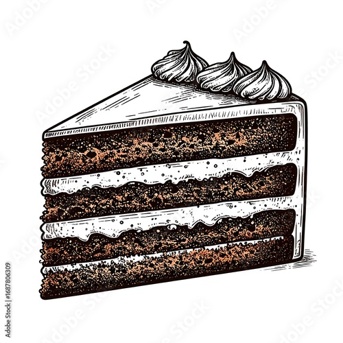 Detailed illustration of a slice of layered chocolate cake