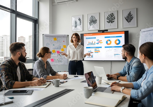 Professional team engaged in a strategic business meeting, with a female leader presenting data analysis on a screen for corporate growth