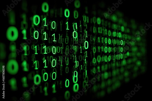 a background of green binary code on black, with the numbers one and zero falling across it in an endless pattern Generative AI