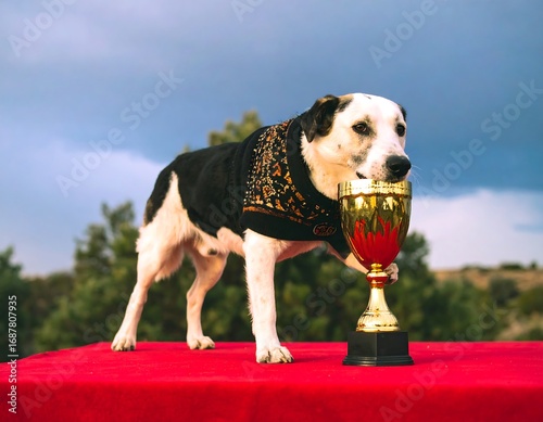 Dog holding trophy on red carpet