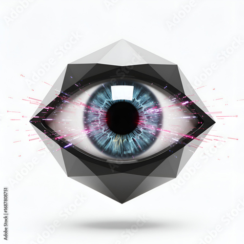 Futuristic Blue Human Eye with Geometric Frame and Radiating Light Streams