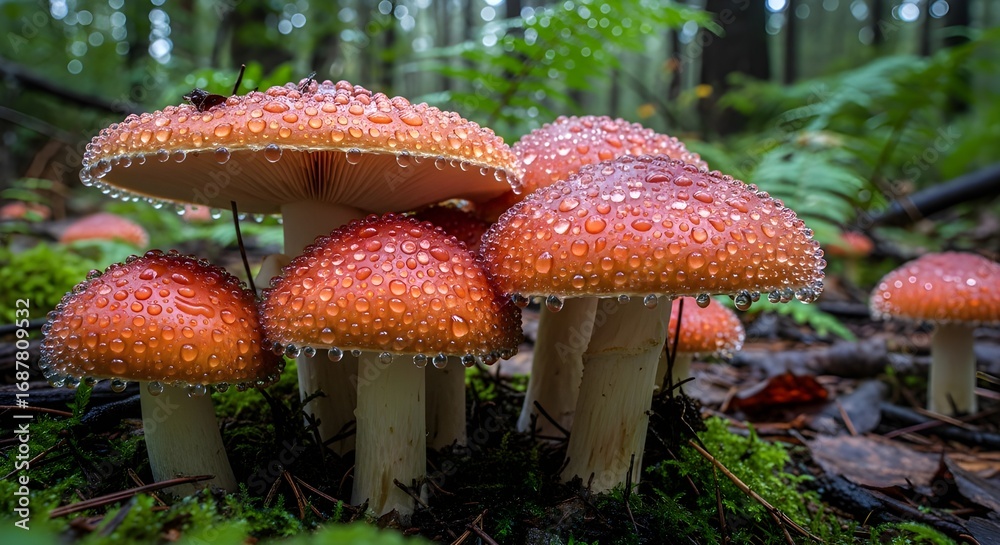 Fototapeta premium Vibrant red mushrooms glisten with morning dew in a lush, green forest setting