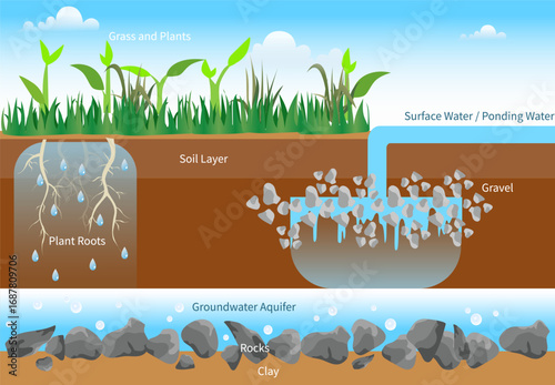Vector illustration of groundwater infiltration, Rainwater seeping into the ground until it reaches underground water sources, water absorption and infiltration diagram process, filtration