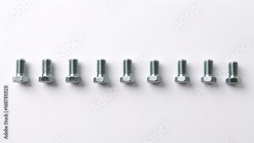 Grid Composition of Bolts and Nuts on White Background, Top View