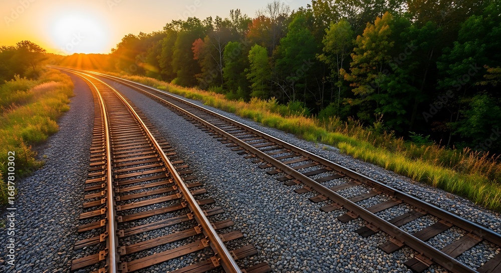 Fototapeta premium Train tracks leading into a golden sunset through a forest