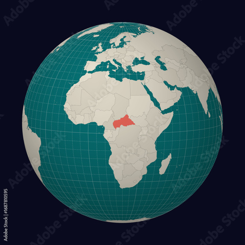 Central African Republic on the map. Globe centered to Central African Republic. Country location on the world map. Teal Pale Mint color palette. Globe with countries, meridians and parallels.