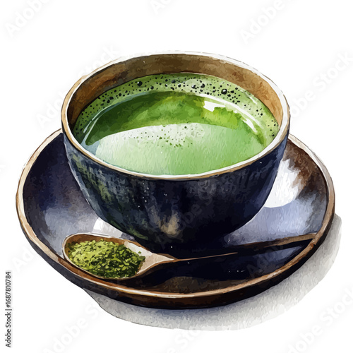 Matcha Tea, watercolor drawing vector, isolated on a white background.