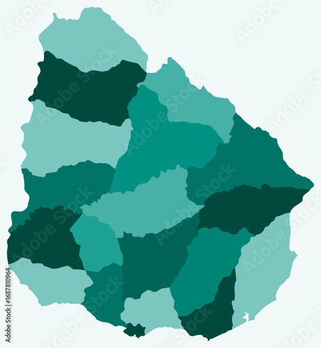 Map of Uruguay with regions. Just a simple country border map with region division. Teal color palette. Plain Uruguay shape with administrative division. Vector illustration.