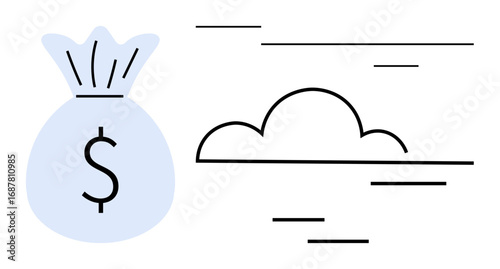 Money bag marked with dollar sign next to minimalist cloud design and abstract lines. Ideal for finance, savings, digital economy, cloud computing, online banking, fintech, wealth management. Simple