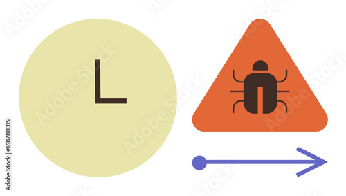Clock face signifying time, bug inside warning triangle, and arrow indicating progress. Ideal for deadlines, efficiency, problem-solving, software development, debugging, workflow simple flat