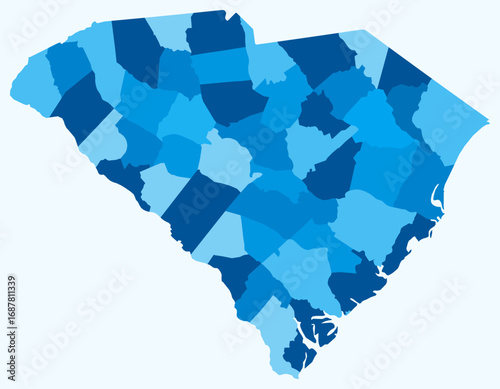 Map of South Carolina with counties. Just a simple state border map with county division. Light blue color palette. Plain State of South Carolina shape with administrative division.