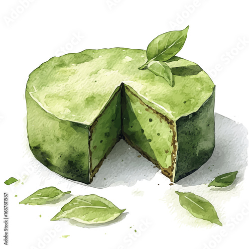 Matcha Cake, watercolor illustration vector, isolated on a white background.