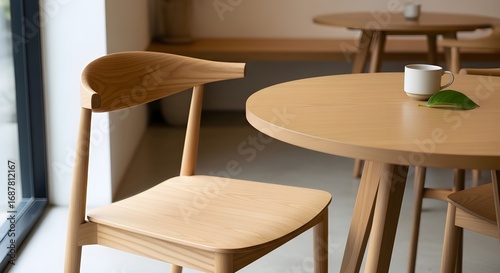 Serene cafe interior features light wood chairs and tables creating a calm, modern aesthetic for relaxation