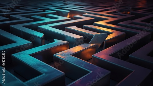 Abstract 3D Maze Background with Futuristic Neon Lighting, Geometric Labyrinth, Concept of Problem Solving and Innovation