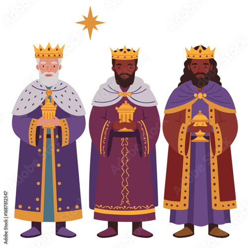 Three Wise Men standing together in colorful robes holding gold frankincense and myrrh, transparent background, isolated, vector  
