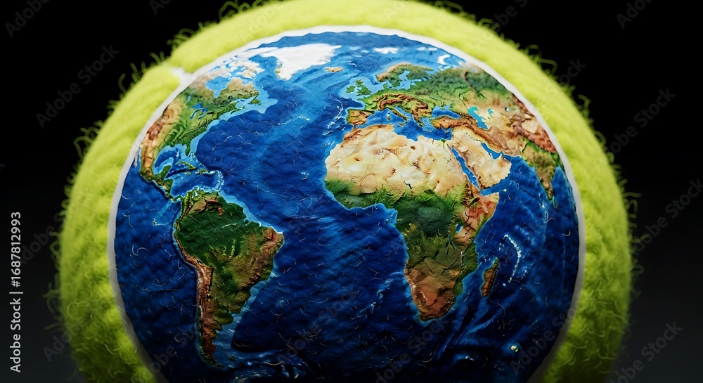 Fototapeta premium Planet earth globe superimposed on a fuzzy tennis ball