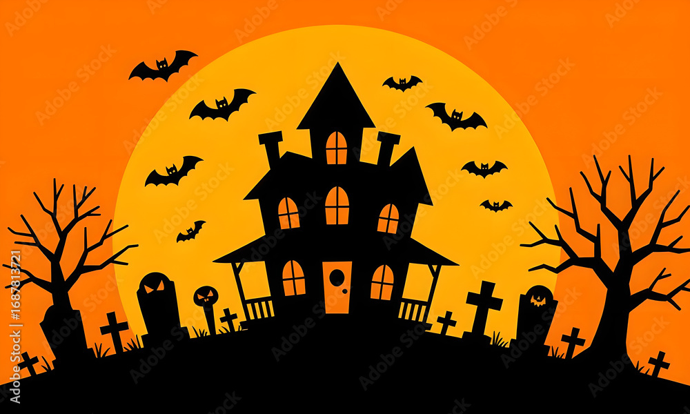 Naklejka premium Spooky Halloween Night: Haunted House, Bats, and Cemetery Illustration