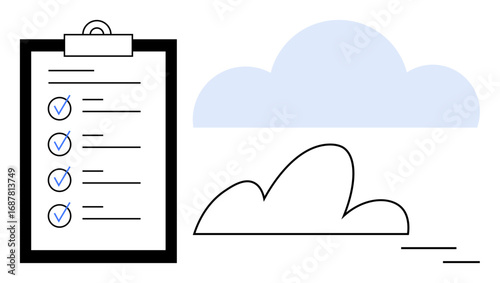Clipboard with completed checklist and minimalistic cloud shapes. Ideal for task management, productivity, organization, planning, efficiency, workflow, cloud technology. A clean and simple flat