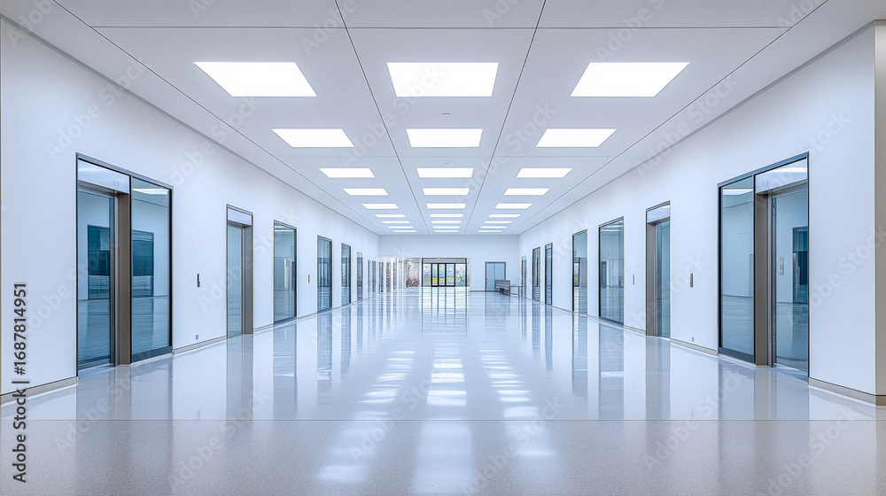 Fototapeta premium Modern hallway with large skylights and sleek design in a contemporary building interior