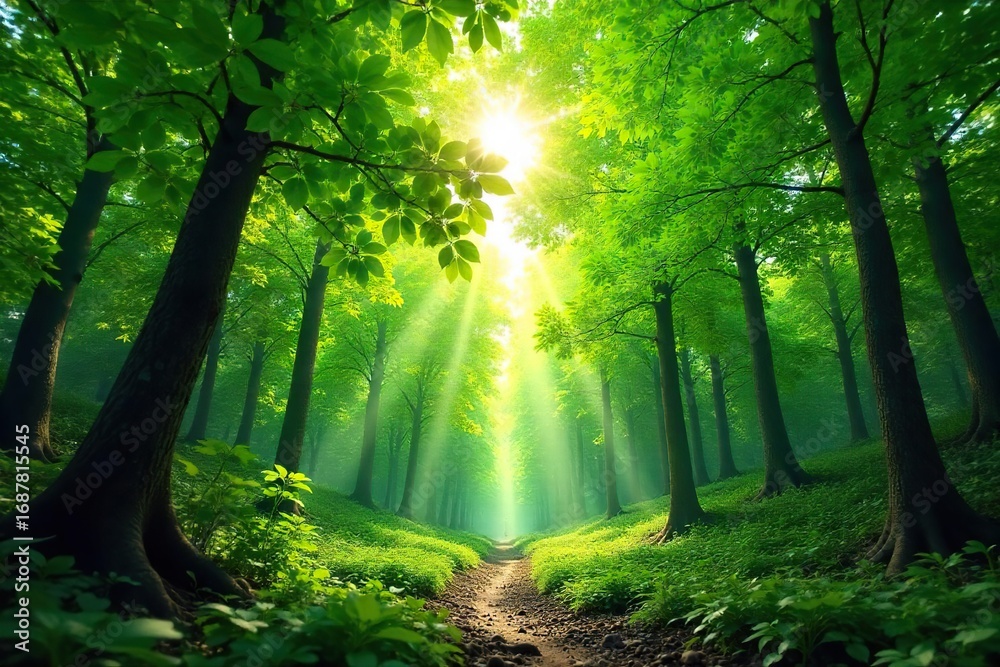 Obraz premium Lush green forest canopy, sunlight dappling through leaves, creating a vibrant and peaceful scene Perfect for nature, ecology, and environmental themes , wallpaper, ecosystem