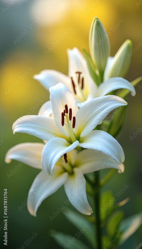 Fototapeta premium Macro closeup of pristine white lily blossoms. Soft natural sunlight illuminates delicate petals and prominent stamens. Out-of-focus green and yellow bokeh background. Elegant floral composition.