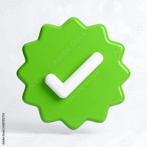 A vibrant 3D rendered green starburst badge featuring a prominent white checkmark, symbolizing verification and approval.