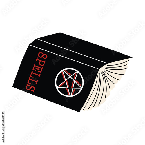 Black spell book . Magical grimoire of witchcraft, mysterious occult object for Halloween spooky themes. Flat vector isolated on white.