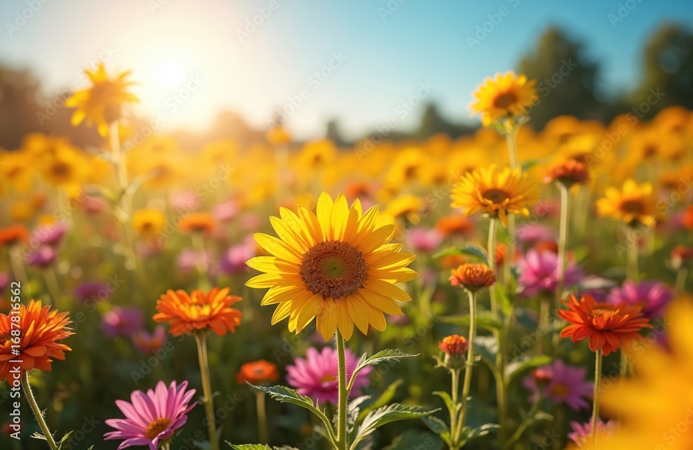 Obraz premium Field of vibrant sunflowers, colorful wildflowers bathed in golden sunlight. Numerous blossoms create picturesque floral meadow scene with bright orange, pink blooms scattered among yellow flowers.