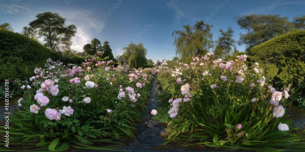 Fototapeta premium Blooming peony garden serene landscape photography nature panoramic view tranquility and beauty