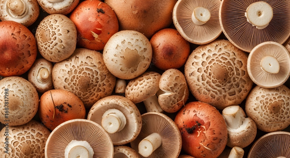 Fototapeta premium Abundant variety of fresh, earthy mushrooms ready for culinary creation and healthy eating