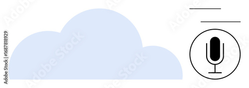 Large cloud design beside microphone icon with minimal lines. Ideal for technology, communication, voice assistant, cloud service, podcasting, remote work, simple landing page