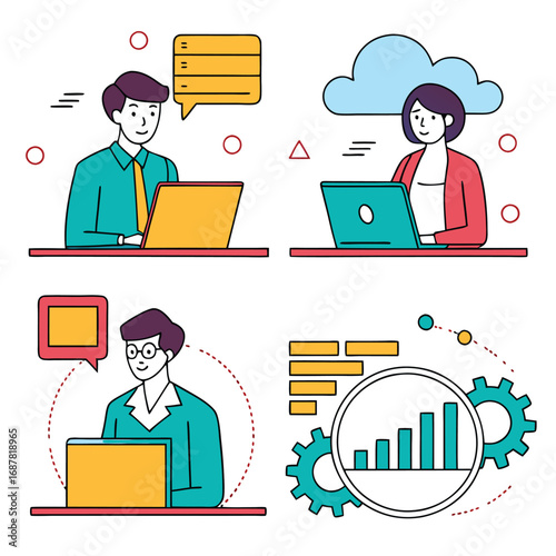 Diverse individuals working remotely with technology and data visualization