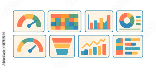 Business dashboard icon set: flat style for analytics, metrics, and data visualization