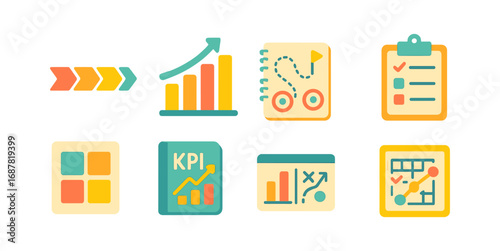 Business and analytics flat icon set. data, strategy, kpi, chart, graph, plan icons collection