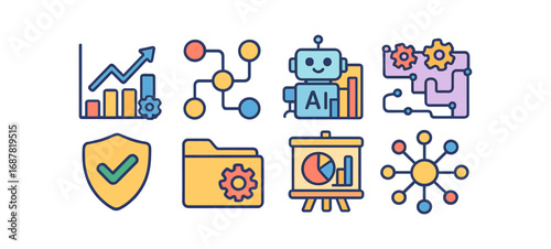 Data analysis and ai outline icon set. technology, network, robot illustrated collection