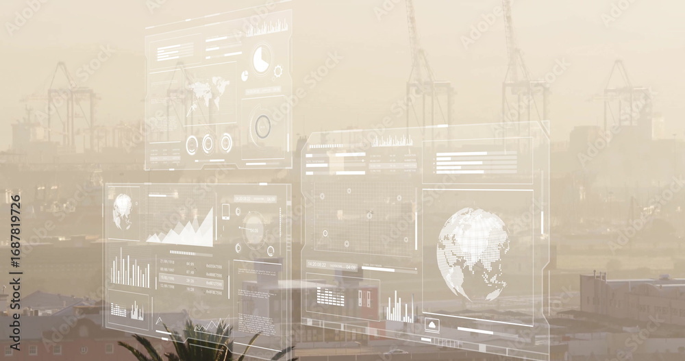 Naklejka premium Floating digital dashboards showing maps and charts at seaport, with container cranes, palm frond