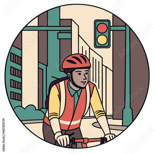 Man wearing helmet and safety vest riding a bicycle in a city
