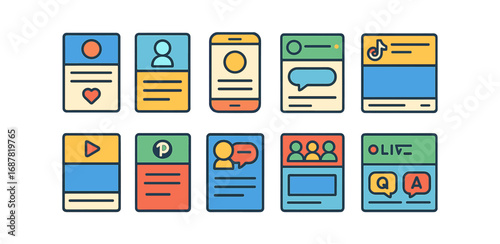 Social media flat icon set. communication, profile, chat, music icons collection