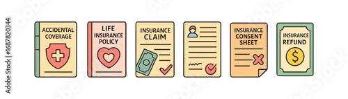 Insurance, policy outline icon set. coverage, claim documents icons outline collection