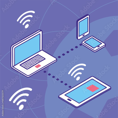 Isometric illustration of connected digital devices with wireless signals