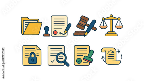 Legal, justice flat icon set. lawyer, court, document icons for law office